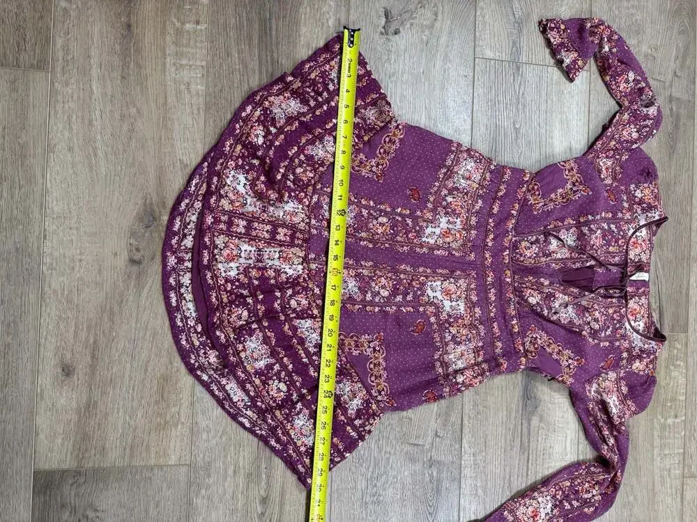 Free People Floral Boho Mini Dress Purple Long Sleeve Tie Neck XS
